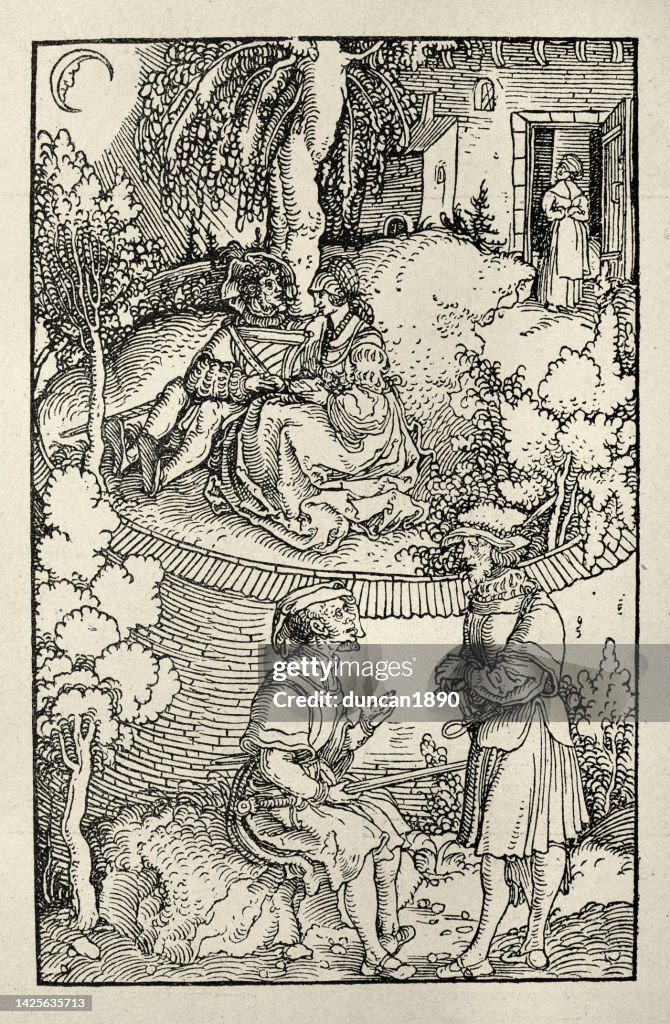 Vintage engraving after Hans Burgkmair, Tragedy of Celestine, late 16th Century art
