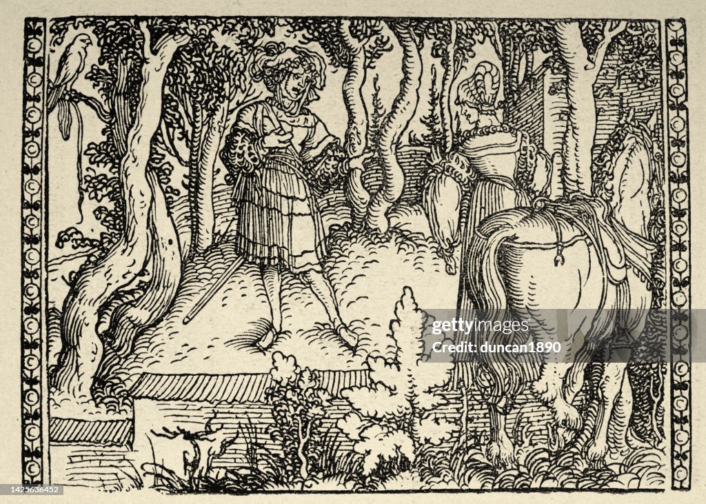Nobleman and woman talking in enclosed garden, late 16th Century German art