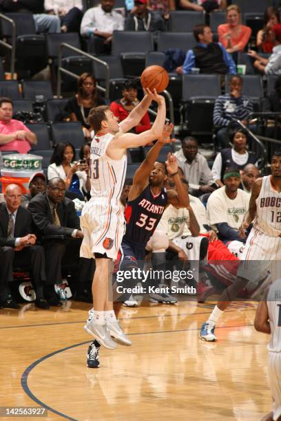 Matt Carroll of the Charlotte Bobcats shoots against the Atlanta Hawks at the Time Warner Cable Arena on April 7, 2012 in Charlotte, North Carolina....