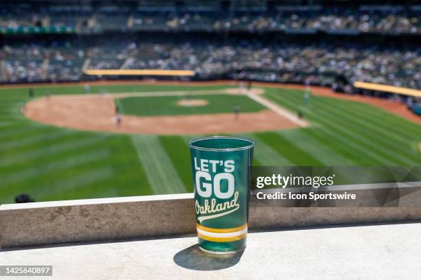 Detailed view of an Oakland Athletics logo cup during a regular season game against the Chicago White Sox on July 2 at RingCentral Coliseum in...