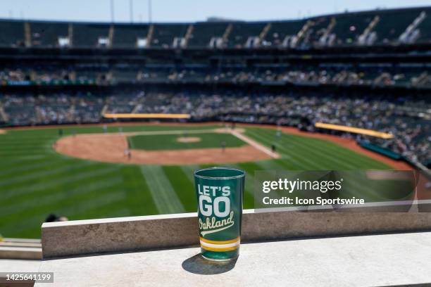 Detailed view of an Oakland Athletics logo cup during a regular season game against the Chicago White Sox on July 2 at RingCentral Coliseum in...