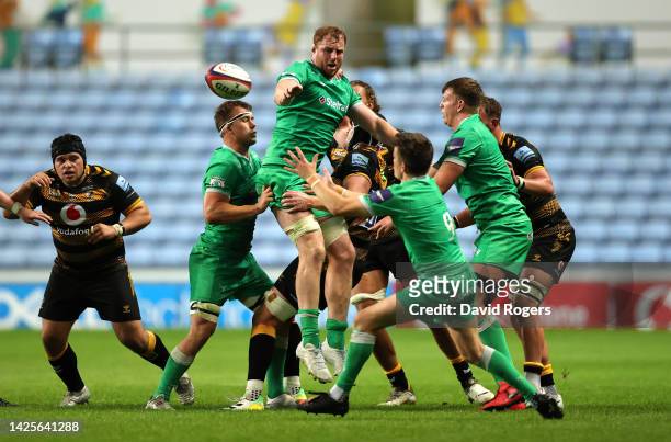 George Merrick of Newcastle Falcons wins the lineout ball during the Premiership Rugby Cup match between Wasps and Newcastle Falcons at The Coventry...