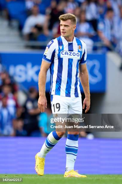 Alexander Sorloth of Real Sociedad celebrates after scoring goal during the LaLiga Santander match between Real Sociedad and RCD Espanyol at Reale...