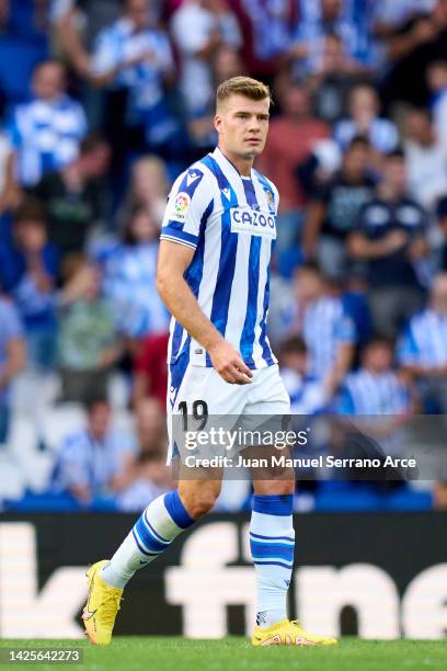 Alexander Sorloth of Real Sociedad celebrates after scoring goal during the LaLiga Santander match between Real Sociedad and RCD Espanyol at Reale...