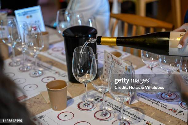 Wine is being served to a participant during a presentation to the press of the new European campaign of Wines of Spain and Portugal by ViniPortugal...