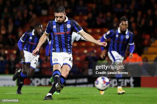 Ian Henderson of Rochdale misses a penalty kick during the Papa John's Trophy match between Rochdale and Liverpool at Crown Oil Arena on September...