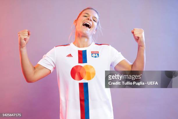 Eugnie Le Sommer poses for a photo during the Olympique Lyonnais UEFA Women's Champions League Portrait session on September 19, 2022 in Lyon, France.