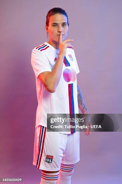 Dzsenifer Marozsan poses for a photo during the Olympique Lyonnais UEFA Women's Champions League Portrait session on September 19, 2022 in Lyon,...