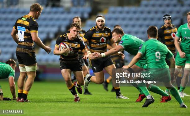 Will Haydon-Wood of Wasps runs with the ballduring the Premiership Rugby Cup match between Wasps and Newcastle Falcons at The Coventry Building...