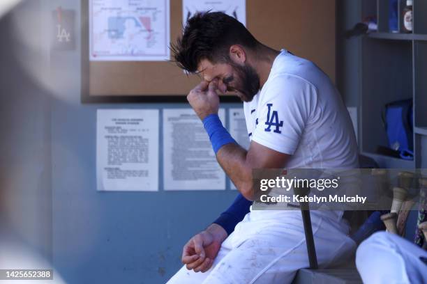 Joey Gallo of the Los Angeles Dodgers reacts after striking out during the third inning against the Arizona Diamondbacks in game one of a...