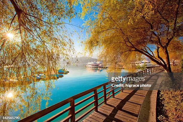 wooden bridge - sun moon lake stock pictures, royalty-free photos & images