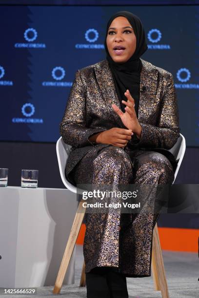 Ibtihaj Muhammad, US Olympic Medalist, NY Times Best-Selling Author, Entrepreneur speaks on stage for Legacy and the Role of Women’s Voices in...