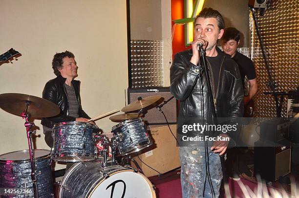 Singer Momo Marechal, director/drummer Michel Gondry and the Kestata Band perform during the Michel Gondry Exhibition Preview at La Blanchisserie...