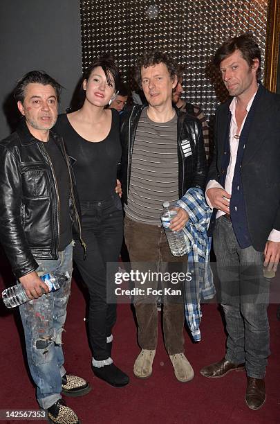 Singer Momo Marechal, architect A guest, Michel Gondry?and La Blanchisserie director Cyrille Troubetzkoy attend the Michel Gondry Exhibition Preview...