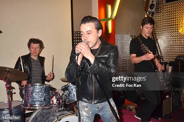 Singer Momo Marechal, director/drummer Michel Gondry and the Kestata Band perform during the Michel Gondry Exhibition Preview at La Blanchisserie...