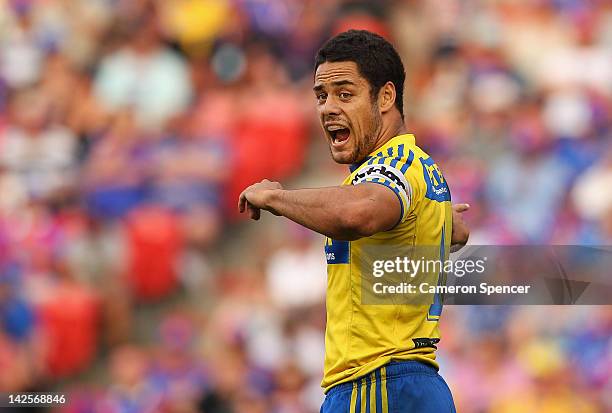 Jarryd Hayne of the Eels calls out to team mates during the round six NRL match between the Newcastle Knights and the Parramatta Eels at Hunter...