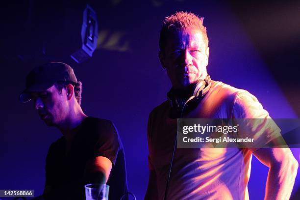 Nic Chagall aka. Claus Terhoeven and DJ Bossi aka. Stefan Bossems perform during Ultra Music Festival 14 at Ice Palace on March 25, 2012 in Miami,...