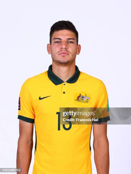 Fran Karacic of Australia poses during the Australian Socceroos headshots session at the Jebel Ali Lakeview Hotel on May 27, 2021 in Jebel Ali,...