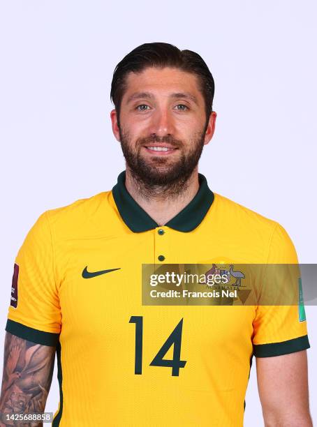 Brandon Borrello of Australia poses during the Australian Socceroos headshots session at the Jebel Ali Lakeview Hotel on May 27, 2021 in Jebel Ali,...