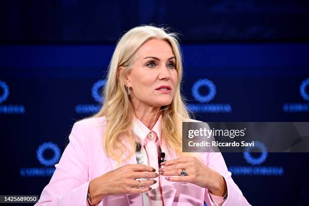 Helle Thorning-Schmidt, Co-Chair, Oversight Board, Former Prime Minister of Denmark, speaks on stage during The 2022 Concordia Annual Summit - Day 2...