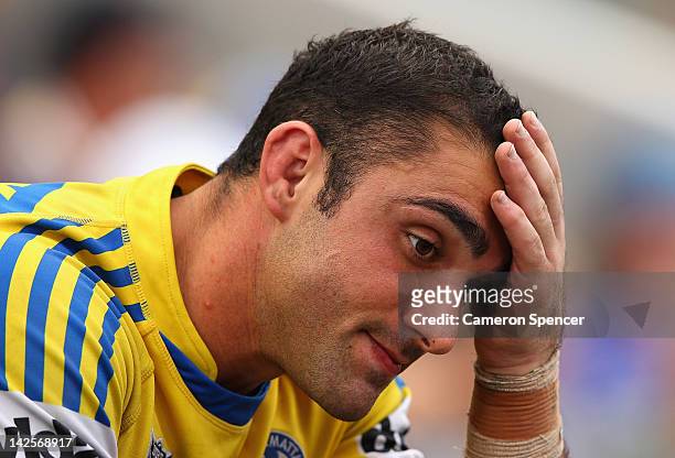 Tim Mannah of the Eels looks dejected during the round six NRL match between the Newcastle Knights and the Parramatta Eels at Hunter Stadium on April...