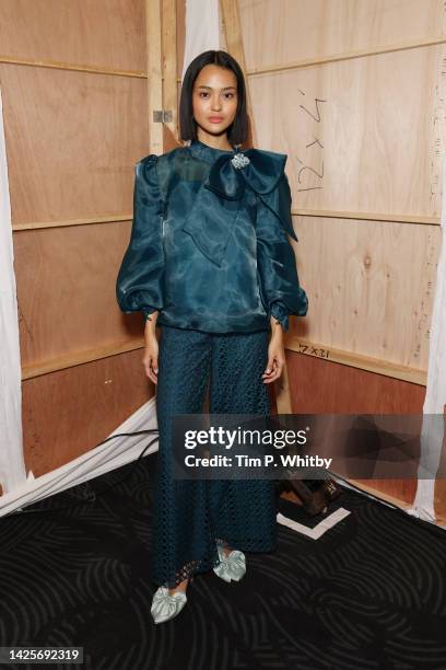 Model poses backstage ahead of the Klamby SS23 runway show presented by Wardah, during London Fashion Week on September 20, 2022 in London, England.