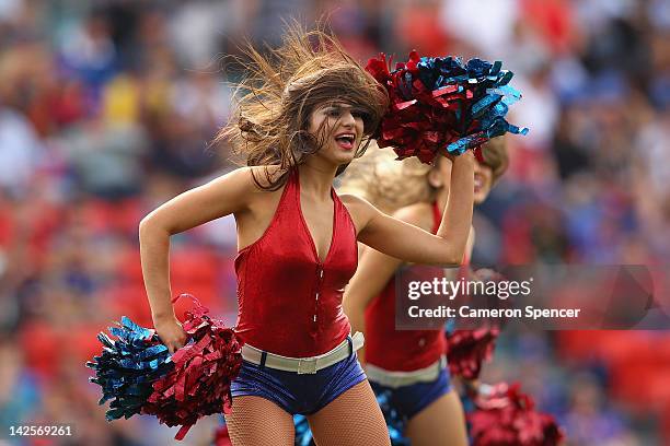 Knights cheerleaders perform during the round six NRL match between the Newcastle Knights and the Parramatta Eels at Hunter Stadium on April 8, 2012...