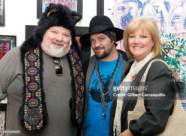 Phil Margera, artist Bam Margera and April Margera attend the Bam Margera & Friends art exhibit opening at The James Oliver Gallery on April 7, 2012...