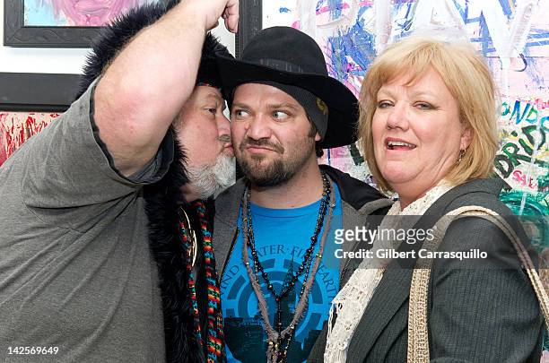 Phil Margera, artist Bam Margera and April Margera attend the Bam Margera & Friends art exhibit opening at The James Oliver Gallery on April 7, 2012...