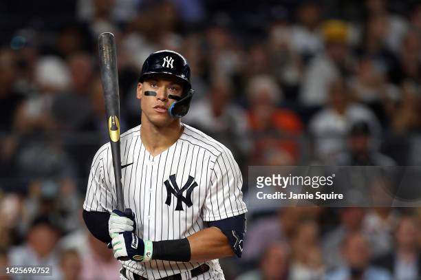 Aaron Judge of the New York Yankees bats during the 3rd inning of the game against the Pittsburgh Pirates at Yankee Stadium on September 20, 2022 in...
