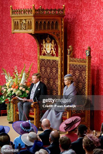 King Willem-Alexander of The Netherlands reads the speech of throne with Queen Maxima of The Netherlands at the Royal Theatre for the opening of the...