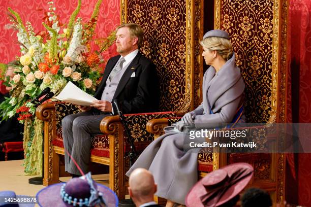 King Willem-Alexander of The Netherlands reads the speech of throne with Queen Maxima of The Netherlands at the Royal Theatre for the opening of the...
