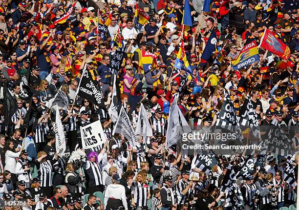 General view of Collingwood and Adelaide fans in the stands during the First AFL Preliminary final match between the Collingwood Magpies and the...
