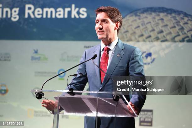 Justin Trudeau, Prime Minister of Canada, speaks onstage during Countdown to COP15: Landmark Leaders' Event for a Nature-Positive World at Central...
