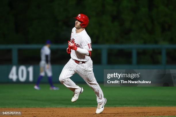 Dalton Guthrie of the Philadelphia Phillies rounds bases after hitting his first MLB home run during the fifth inning against the Toronto Blue Jays...