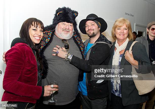Nicole Boyd , Phil Margera, artist Bam Margera and April Margera attend the Bam Margera & Friends art exhibit opening at The James Oliver Gallery on...