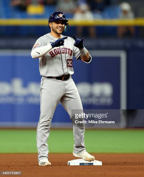 Yainer Diaz of the Houston Astros reacts to hitting a double in the eighth during a game against the Houston Astros at Tropicana Field on September...