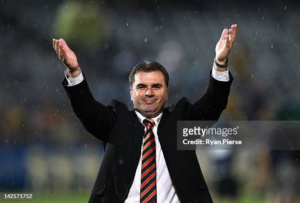 Ange Postecoglou, manager of the Roar, celebrates after the A-League Semi Final 2nd Leg match between the Central Coast Mariners and the Brisbane...