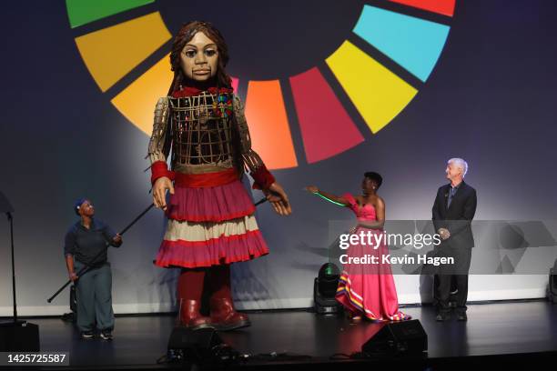 As world leaders gather in New York for the UN General Assembly, "Little Amal" by the Handspring Puppet Company performs on stage at The Goalkeepers...