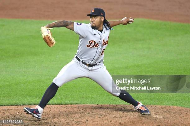 Gregory Soto of the Detroit Tigers pitches in the ninth inning during a baseball game against the Baltimore Orioles at Oriole Park at Camden Yards on...