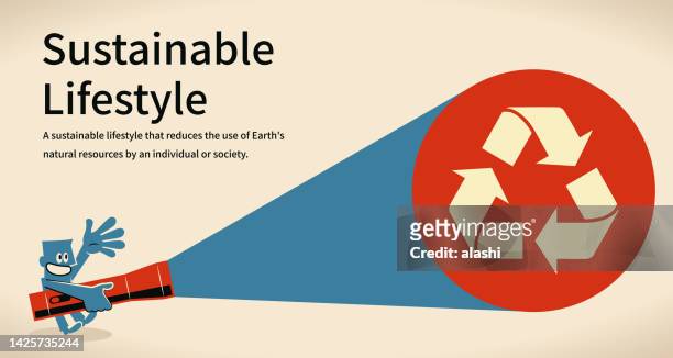 in the concept of sustainability and environmental protection, a man shines a flashlight and looks at a recycling symbol - flashlight stock illustrations