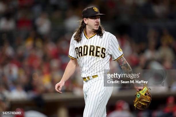 Mike Clevinger of the San Diego Padres looks on during the fourth inning of a game against the St. Louis Cardinals at PETCO Park on September 20,...