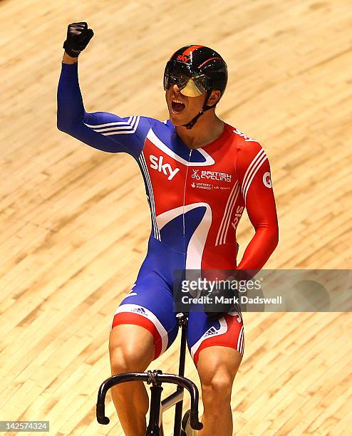 Chris Hoy of Great Britain celebrates after winning the Men's Keirin final during day five of the 2012 UCI Track Cycling World Championships at...