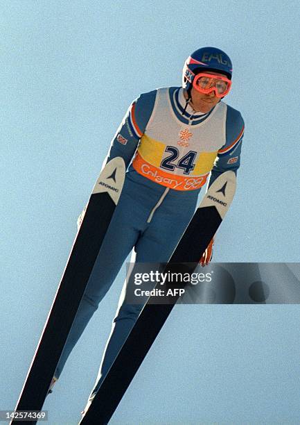 Britain's first ever Olympic jumper Eddie Edwards flies through the air during the XV Winter Olympics ski jump 90 meter event 23 February 1988 at...