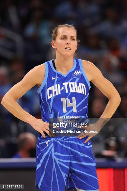 Allie Quigley of the Chicago Sky looks on against the Connecticut Sun during the first half in Game Five of the 2022 WNBA Playoffs semifinals at...