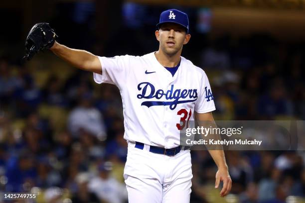 Tyler Anderson of the Los Angeles Dodgers reacts after walking Geraldo Perdomo of the Arizona Diamondbacks during the fifth inning in game two of a...