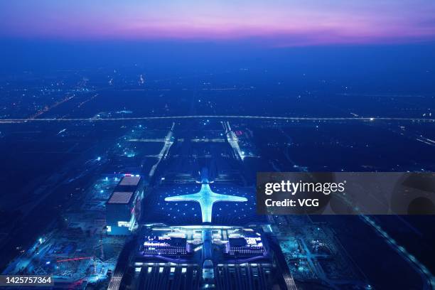 Aerial view of the roof of Hangzhou West Railway Station illuminated at night on September 20, 2022 in Hangzhou, Zhejiang Province of China. Hangzhou...