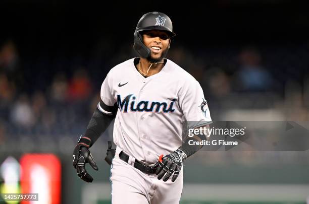 Lewin Diaz of the Miami Marlins rounds the bases after hitting a two-run home run in the second inning against the Washington Nationals at Nationals...