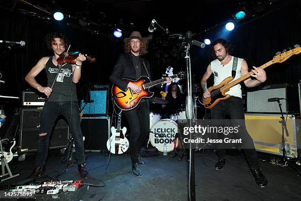 Musicians Jesse Kotansky, Nathaniel Hoho and Jospeph Grazi of the band The Click Clack Boom perform during the Andrew Charles Presents 'The Click...