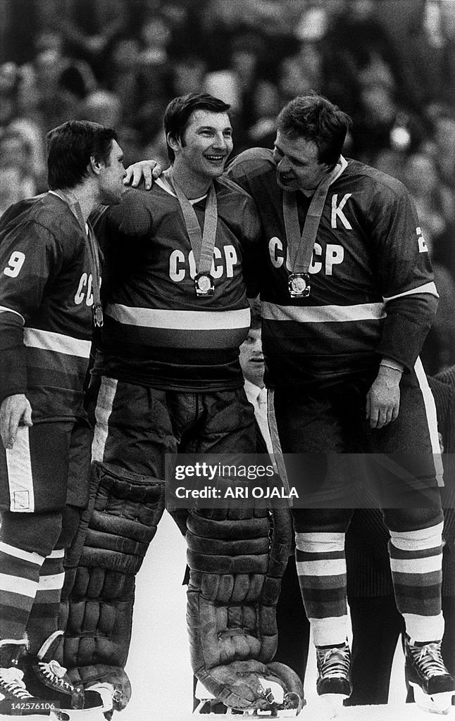 Goalkeeper Vladislav Tretiak (C) from th